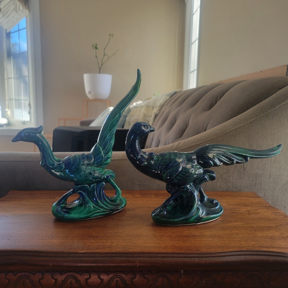Vintage MCM? Ceramic Pheasant/Roadrunner? Figures Set of 2 Pair Blue/Green